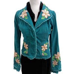 Vintage Lush Corduroy Jacket Womens Teal Floral Embroidered Boho Hippie Fringe